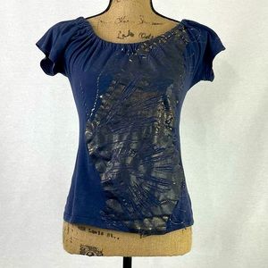 Blue T-shirt with Back Bowtie, Scrunched Neckline, Gold Design. No Tags, Size XS